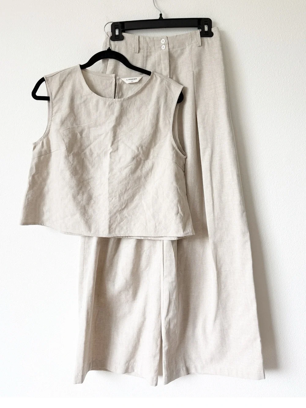 Commense Two-Piece Linen Set in Light Beige - Sleeveless Top & Wide Leg Pants - Picture 12 of 16